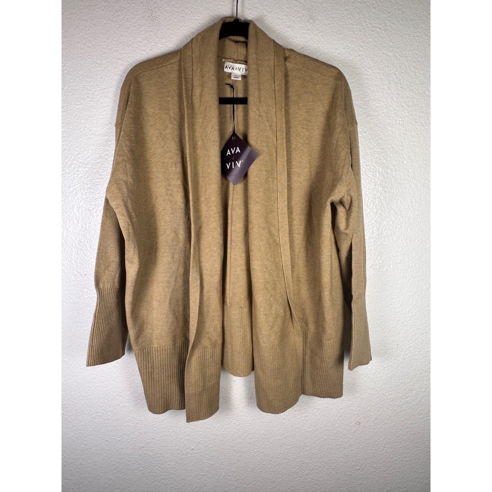 Ava & Viv Women 1X Camel Heather Open Front Shawl Collar Cardigan Sweater NEW